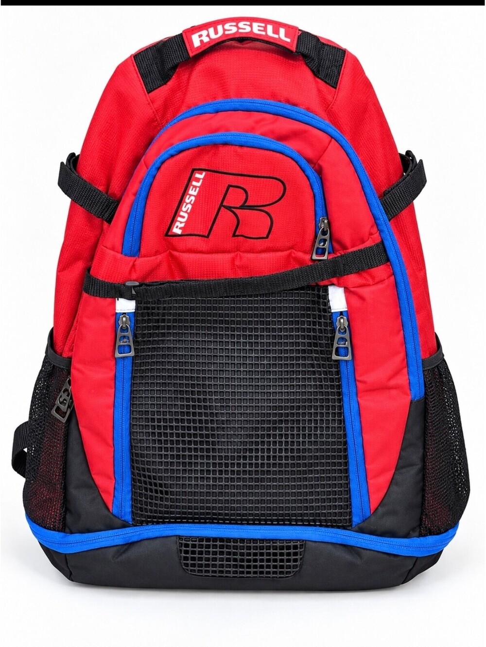 Vintage Russell Athletics Backpack Hiking School Red Black Blue Bottom Pocket